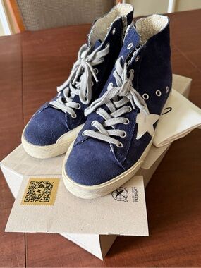 Golden Goose Navy Suede High-Top Sneakers with White Star